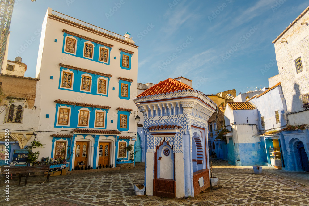 El Haouta Street View of Residential houses from Chefchaouen, Morocco