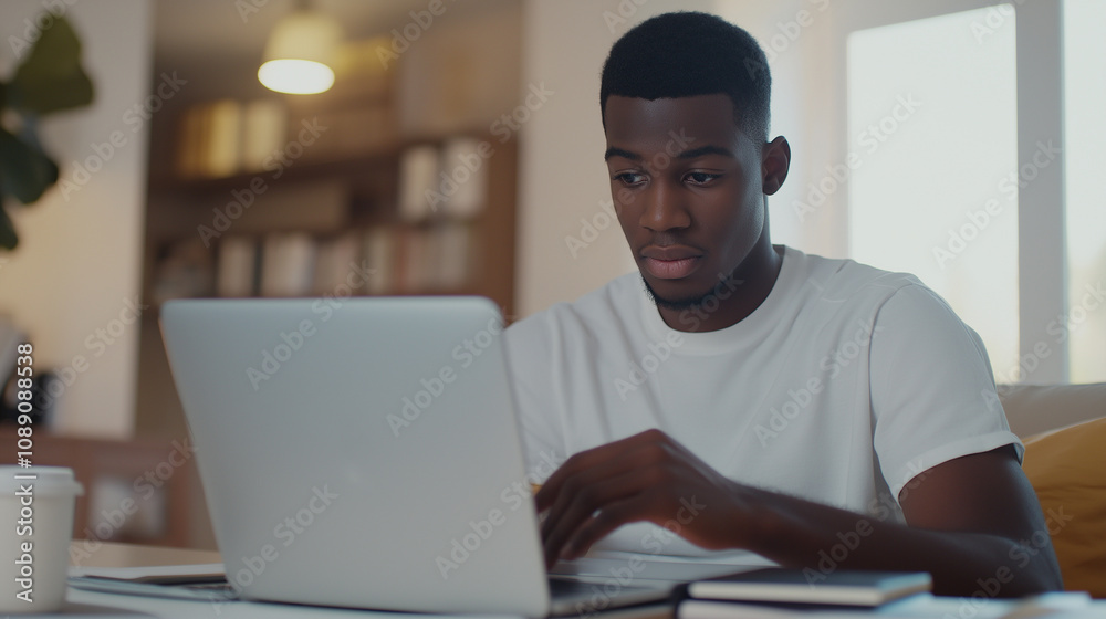 A detailed image of an African American male student excelling in virtual learning, sitting confidently at his workspace with a laptop and tablet. The soft lighting highlights his A detailed image of an African American male student excelling in virtual learning, sitting confidently at his workspace with a laptop and tablet. The soft lighting highlights his