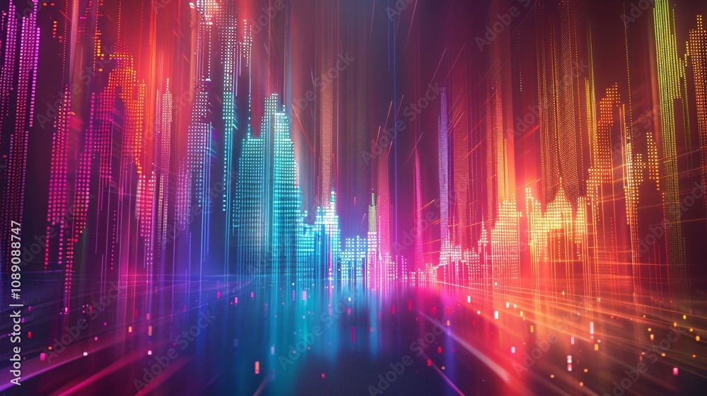 A stunning digital artwork showcasing a futuristic cityscape with a vibrant luminous display of colorful lights abstract patterns A stunning digital artwork showcasing a futuristic cityscape with a vibrant luminous display of colorful lights abstract patterns