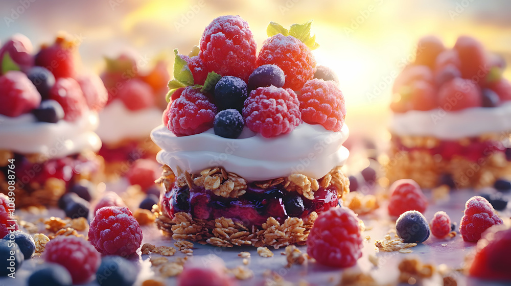 Raspberry and Blueberry Parfait with Granola, Illustration Raspberry and Blueberry Parfait with Granola, Illustration