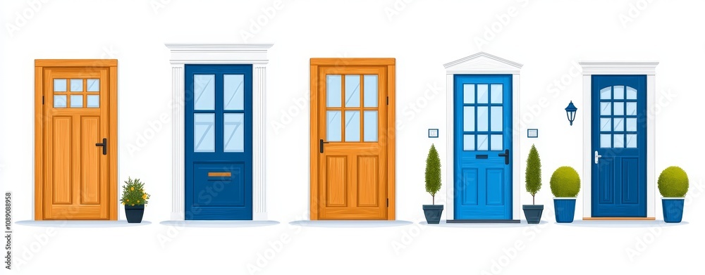Realistic 3D illustration set of a wooden gate with metal handle closed, ajar, and open. Interior doorway frame sequence for a home or office. Realistic 3D illustration set of a wooden gate with metal handle closed, ajar, and open. Interior doorway frame sequence for a home or office.