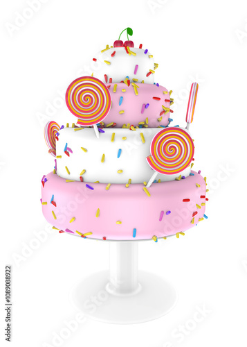 Four tier pink and white cake with confetti and swirl lollipops on a clear background.
