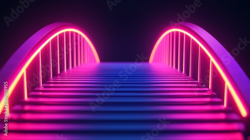 Personal productivity for goals and success. Neon-lit staircase leading into darkness  creating a surreal and vibrant atmosphere.