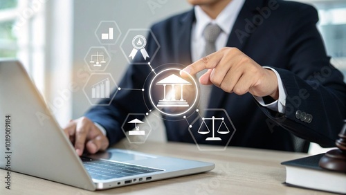Legal Professional with Justice Icons. A suited legal professional touches virtual icons symbolizing law, justice, and legal services. business legislation, Notary public, legal advice online, Lawyer