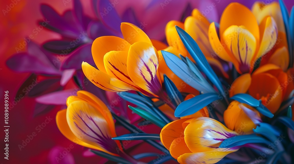 A vibrant close-up of orange flowers with blue leaves against a colorful background, showcasing nature's beauty. A vibrant close-up of orange flowers with blue leaves against a colorful background, showcasing nature's beauty.