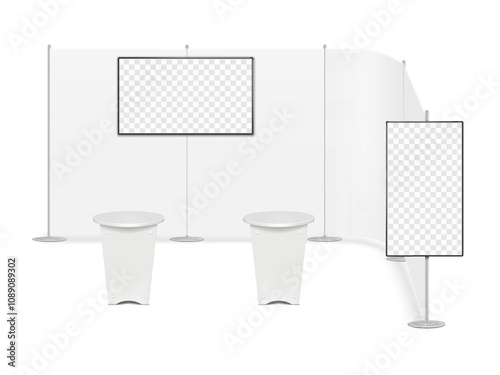 Trade show booth display kit mock-up. Expo tradeshow set template. Pop-up streamline backdrop banner stand with LCD monitors, exhibition round counter tables. 3d vector mockup