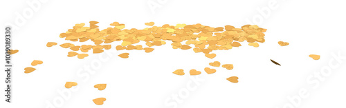 A pile of golden flat confetti hearts on a transparent background.