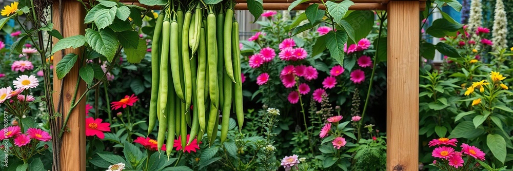 Obraz premium Fresh green beans hanging from a wooden trellis in a lush garden surrounded by vibrant flowers and foliage, vine, nature landscape, agriculture