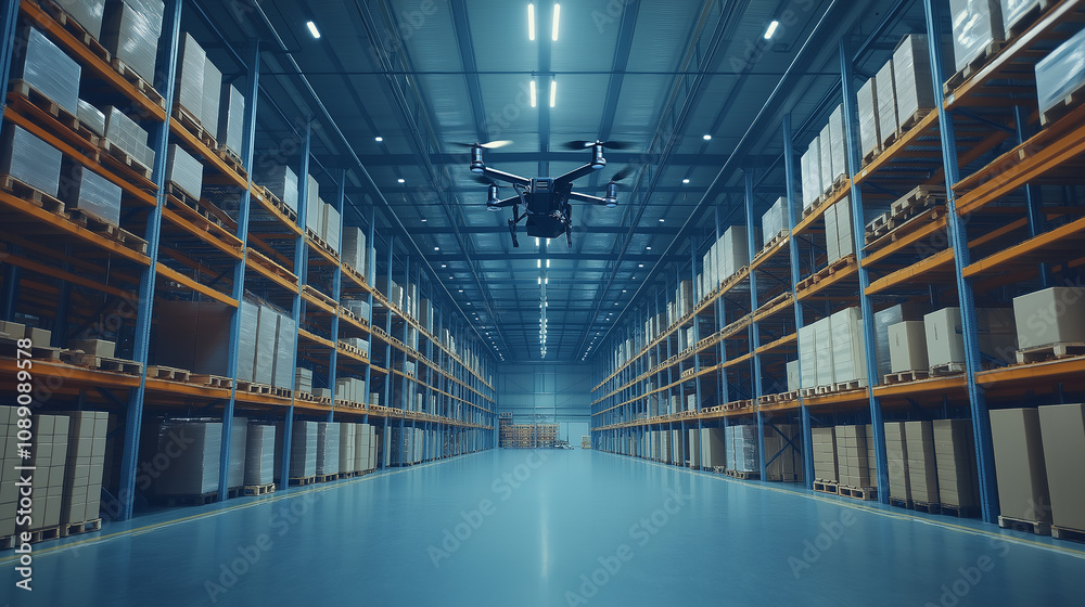 Wide shot of an automated logistics center with drones flying - Drones hovering above racks, automated machines moving goods, minimal human presence, vast space Wide shot of an automated logistics center with drones flying - Drones hovering above racks, automated machines moving goods, minimal human presence, vast space