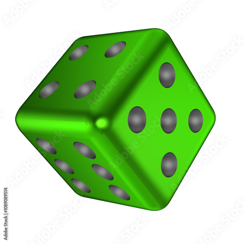 Green metal dice on transparent background.
