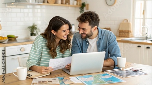 Loving couple doing a home budget, paying bills and planing next trip together