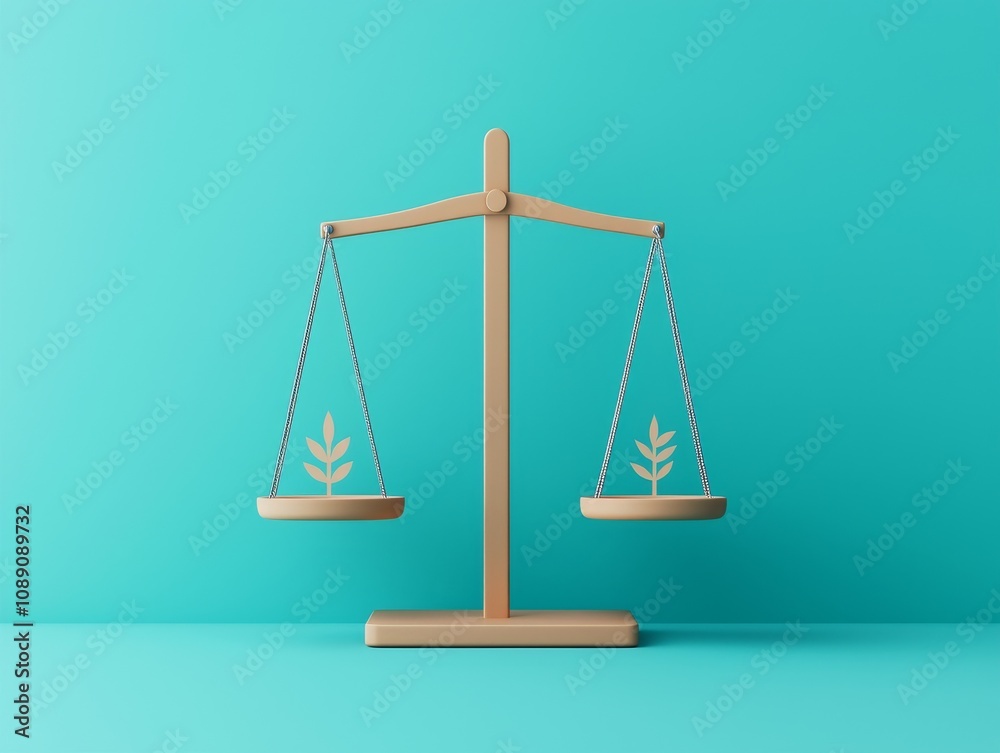 A balance scale with small plant illustrations, symbolizing justice, equity, and environmental sustainability against a vibrant teal background. self improvement balance concept. A balance scale with small plant illustrations, symbolizing justice, equity, and environmental sustainability against a vibrant teal background. self improvement balance concept.