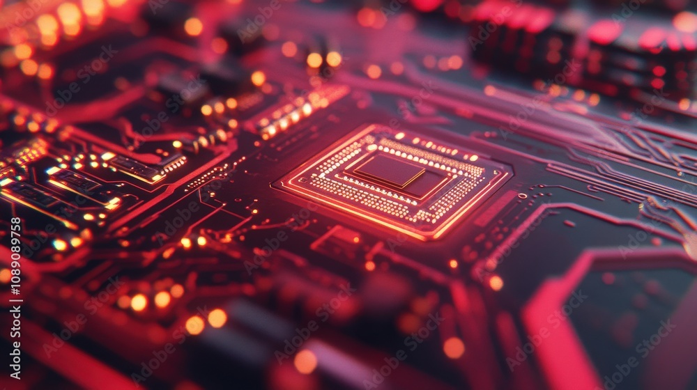 Close-up of a Red Lit Computer Motherboard with a Processor Chip Close-up of a Red Lit Computer Motherboard with a Processor Chip
