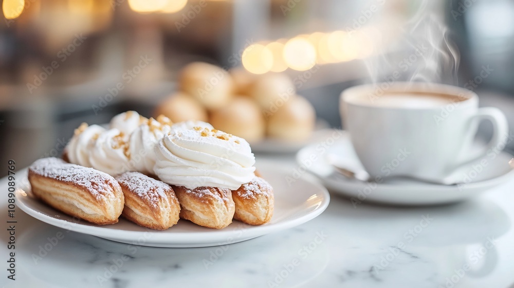 Indulgent French Pastries and Aromatic Cappuccino on Caf Counter