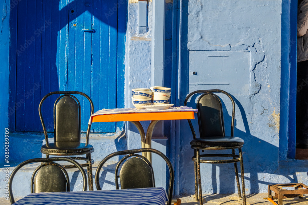 Tables and Chairs in Chefchaouen, Morocco in North Africa