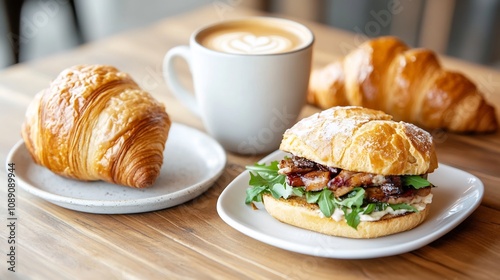 Overhead View of Savory Brunch Spread with Coffee and Croissant on Wooden Table