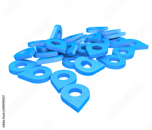A bunch of blue geolocation icons on a transparent background.