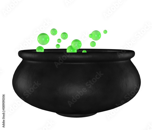 Black, old, textured pot for brewing potion with green bubbles on transparent background.