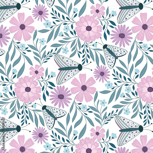 Winter moths and blooms garden pattern design