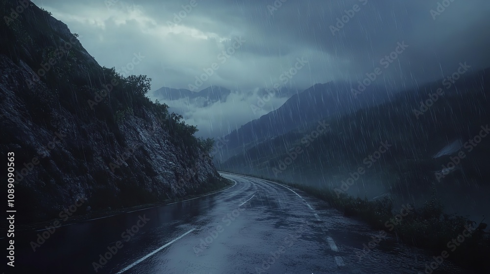 A mountain road at dawn during a rainstorm with mist and fog blanketing the landscape A mountain road at dawn during a rainstorm with mist and fog blanketing the landscape