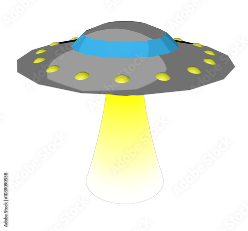 Flying saucer with yellow glow on transparent background. Concept of unidentified flying objects and aliens.
