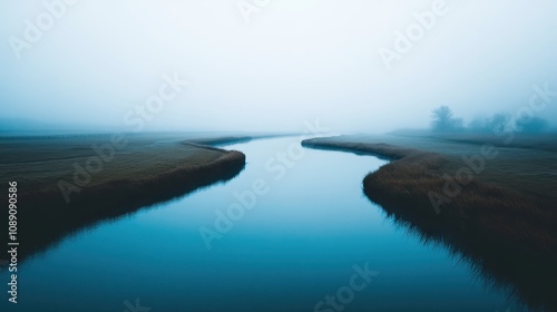 A serene river flows through a misty landscape, reflecting calm blue hues, creating a tranquil and ethereal atmosphere.