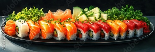 Delicious assorted sushi platter features salmon, tuna, and white fish rolls served with cucumber and greens photo