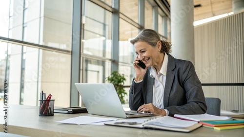 Mature successful businesswoman talking on the phone and working with laptop in a corporate office
