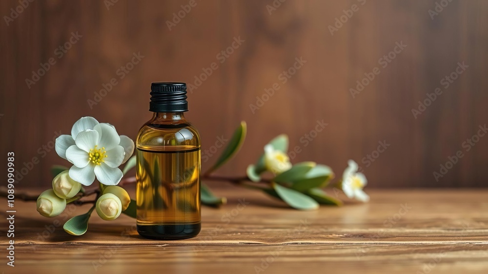 Single eucalyptus oil bottle on a wooden table, relaxation, wellness Single eucalyptus oil bottle on a wooden table, relaxation, wellness