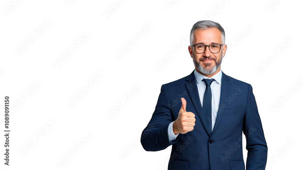 Businessman giving a thumbs up, conveying positivity and success. Transparent background.