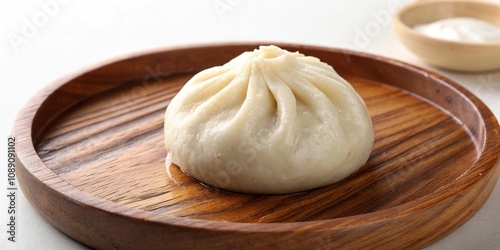 Single steamed dumpling on a wooden plate, pan-fried alternative, garlic chives, tenderized meat mixture photo