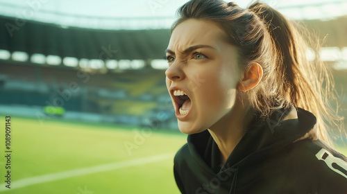 Angry female football player woman shouting and expressing frustration during intense soccer game, showing mad emotion and stress, displaying aggressive behavior, upset with competition, training