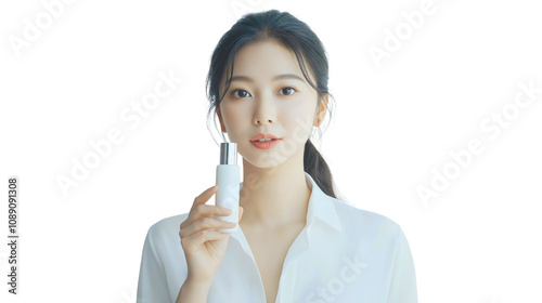 Asian woman holding cosmetic product bottle for skin care treatment, beauty and health with face lotion clean, natural wellness young female's hand with moisturizer, cream, serum, facial product