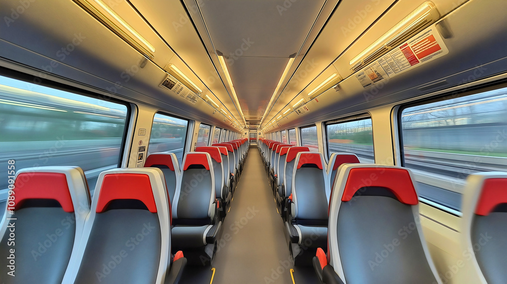 Fototapeta premium Empty modern train interior in urban city subway, public transportation vehicle for fast rail transit, comfortable seats in carriage for passengers on indoor metro commute or railway journey travel