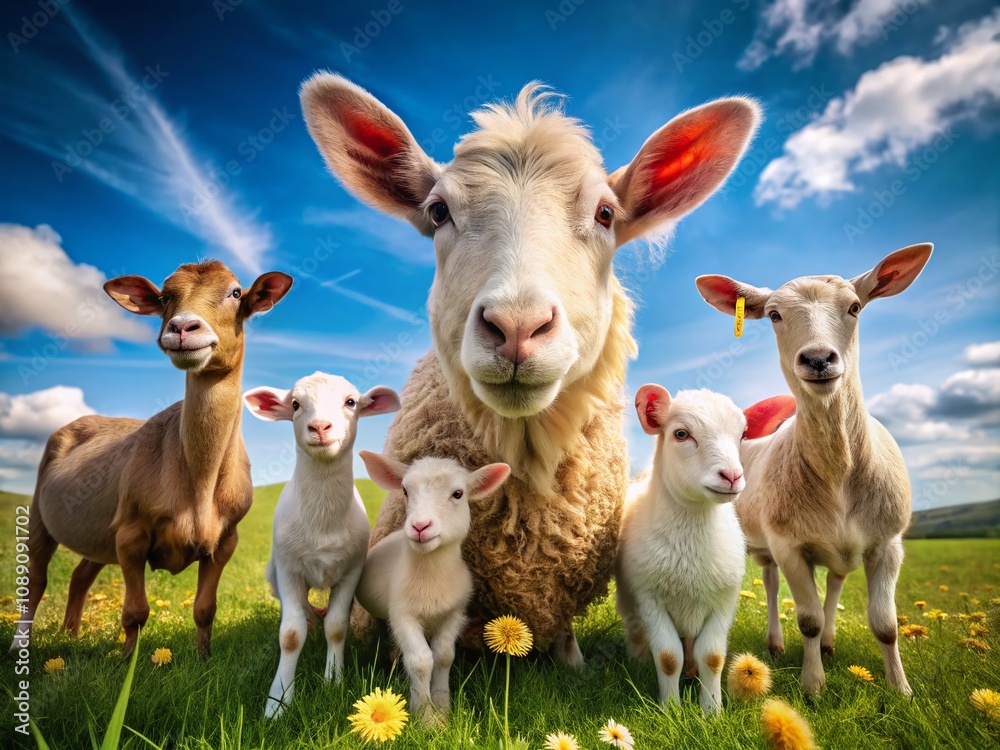 Adorable Portraits of Farm Animals in a Cute Pattern Featuring Sheep, Goats, Pigs, Cows, and Chickens in Lush Green Pastures with a Bright Blue Sky Background Adorable Portraits of Farm Animals in a Cute Pattern Featuring Sheep, Goats, Pigs, Cows, and Chickens in Lush Green Pastures with a Bright Blue Sky Background