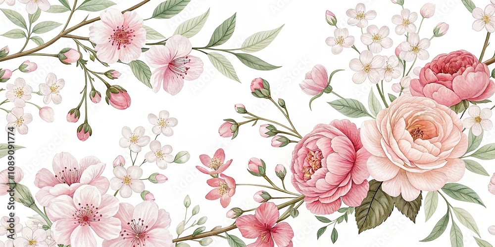 Fototapeta Delicate floral pattern featuring cherry blossoms peonies and garden roses, pastel colors, garden rose, floral pattern, delicate design, romantic aesthetic