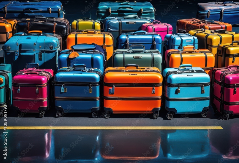 Fototapeta premium vibrant dynamic shots capturing luggage expansive empty runway clear skies sunlight reflections, airport, aeroplane, aircraft, baggage, suitcase, bag