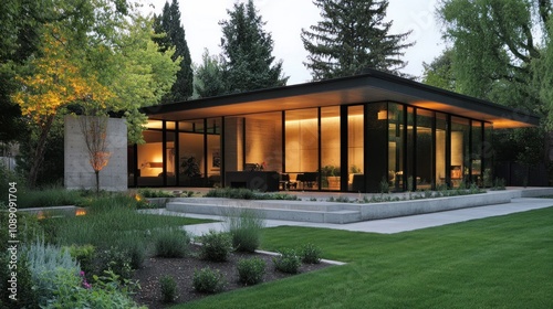 Modern home with flat roof, clean concrete and glass design, minimalist garden 