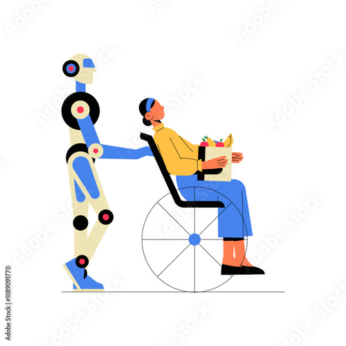 Robot Assisting Female Shopper In Wheelchair Holding Groceries, Flat Vector Illustration Symbolizing Accessibility, Technology, And Assistance, Isolated On White Background.