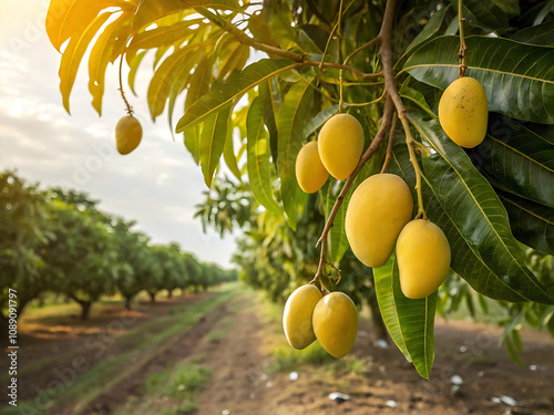 Copy space of wood branch with green leaves and Mango fruit tree, Empty table, Podium and product stand for Mango tropical fruit product and Juice concept.
