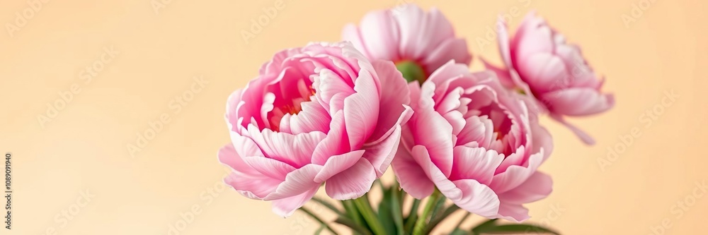 Soft focus pink peony flowers against a warm beige background, greenery, feminine charm, blooming flowers Soft focus pink peony flowers against a warm beige background, greenery, feminine charm, blooming flowers