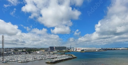 france quai de francemay 2 2024 A picturesque view of a bustling marina filled with numerous boats, set against a backdrop of fluffy clouds and a bright blue sky. 