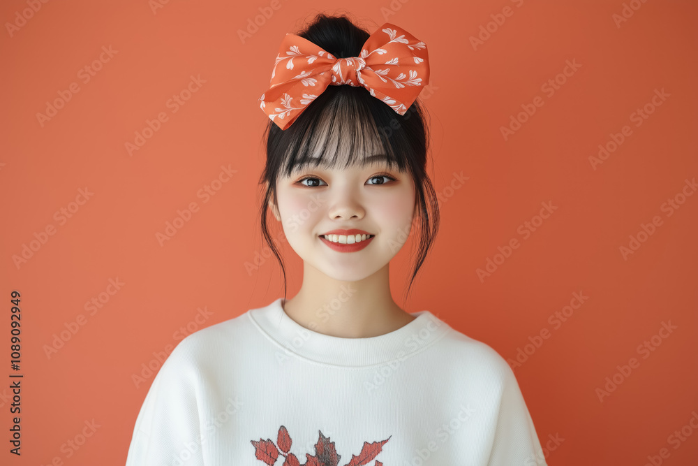 smiling young korean woman with black hair wearing floral bow and holiday sweatshirt smiling young korean woman with black hair wearing floral bow and holiday sweatshirt