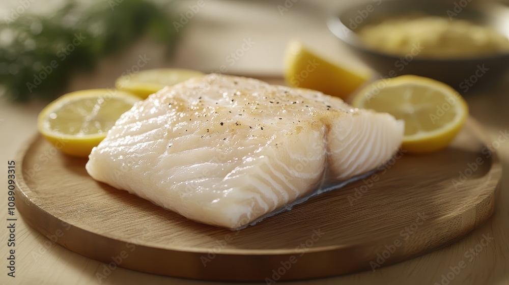 A fresh fillet of white fish garnished with lemon slices, presented on a wooden cutting board, exuding a clean and healthy culinary appeal. A fresh fillet of white fish garnished with lemon slices, presented on a wooden cutting board, exuding a clean and healthy culinary appeal.