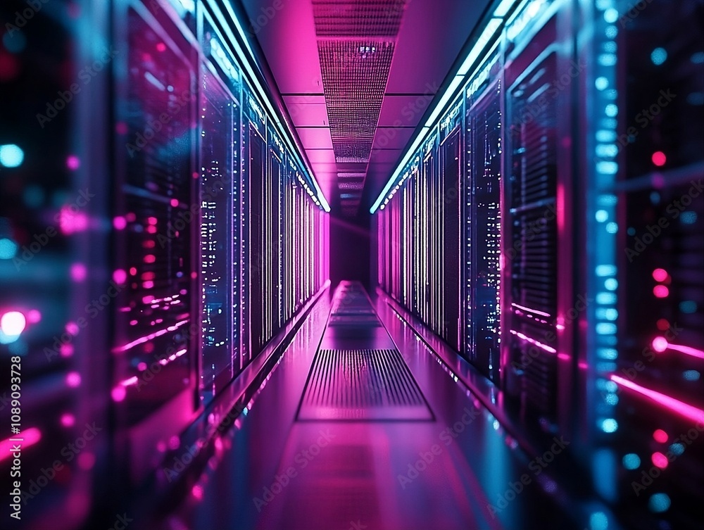 Fototapeta premium Futuristic data center illuminated by striking neon colors, showcasing advanced technology and innovation