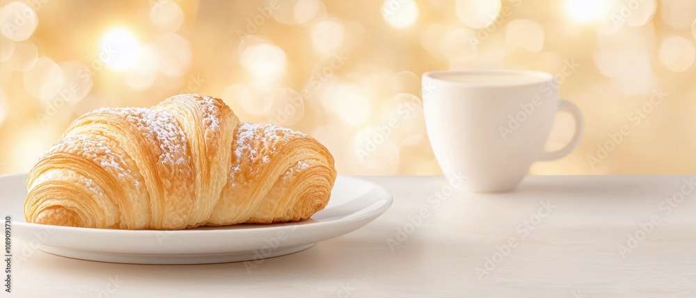 A croissant with powdered sugar on top sits on a white plate next to a cup of co A croissant with powdered sugar on top sits on a white plate next to a cup of co