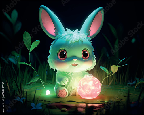Cartoon glowing bunny 3D model fairy tale character. A children's toy, figurine, rabbit lamp or bunny glow in the dark. Fairy-tale character rabbit. Easter bunny.