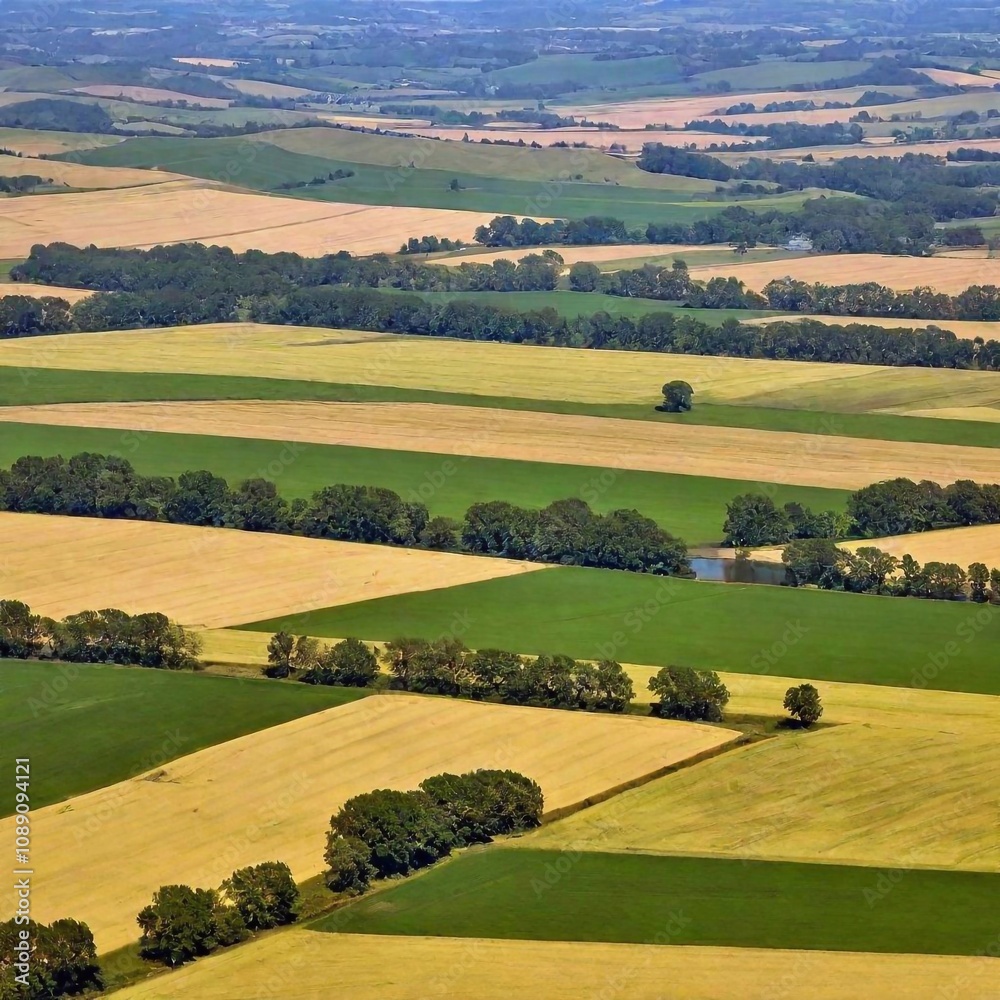 an expansive view of a tranquil valley with rolling hills and patchwork fields. Use lush greens, golden yellows, and earthy browns to depict the farmland, and include a winding river cutting through t an expansive view of a tranquil valley with rolling hills and patchwork fields. Use lush greens, golden yellows, and earthy browns to depict the farmland, and include a winding river cutting through t