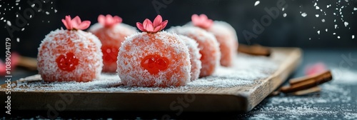 Delicious coconut-covered treats with red centers and pink flower accents sit on a wooden board dusted with powdered sugar photo