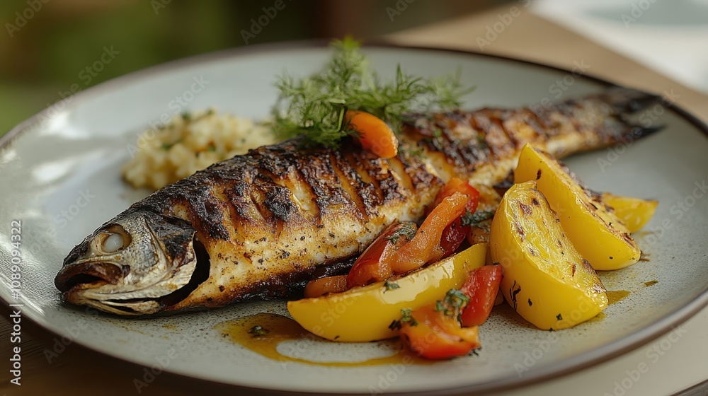 Grilled fish served with lemon and vegetables, garnished with herbs, highlighting a fresh and appetizing culinary presentation. Grilled fish served with lemon and vegetables, garnished with herbs, highlighting a fresh and appetizing culinary presentation.